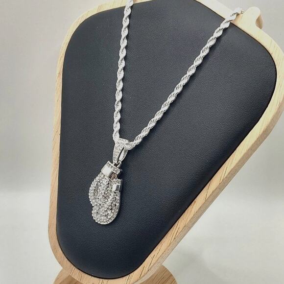 Iced Moissanite Boxing Glove Pendant: Sterling Silver  Iced Out Necklace Boxing Gloves 925 Silver Plated Diamond Cut Valentines Gift